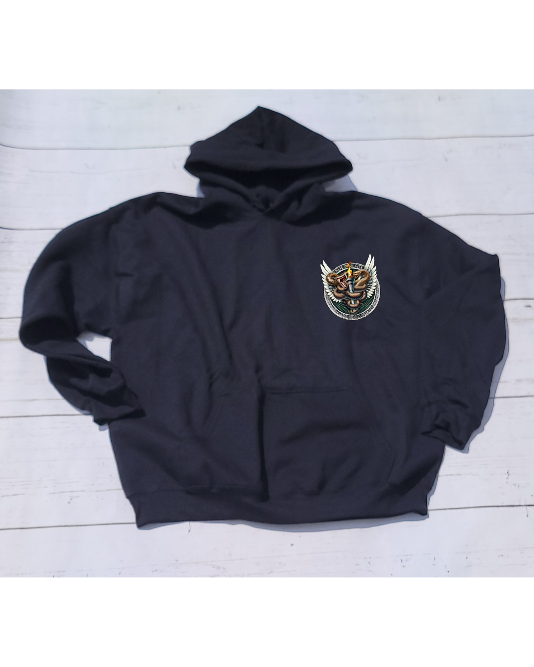Retired Badge Hoodie W/ Snake emblem in front Black (PRE_ORDER due to ship Late Aug)