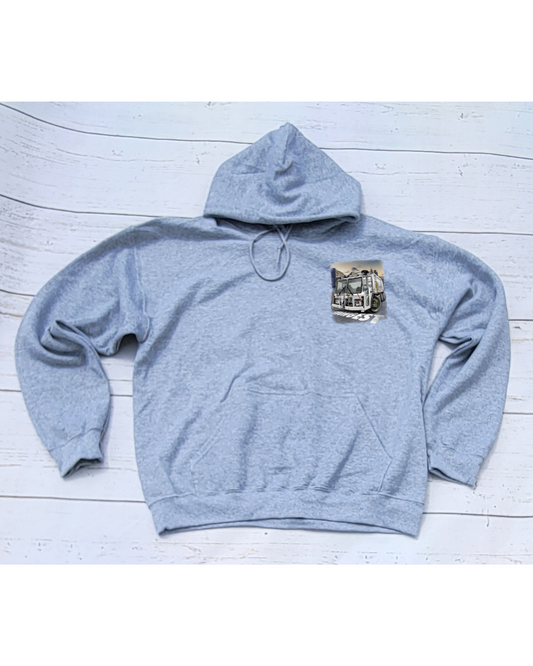 Retired Badge Hoodie w/ Truck design in front Gray (PRE_ORDER due to ship Late Oct)
