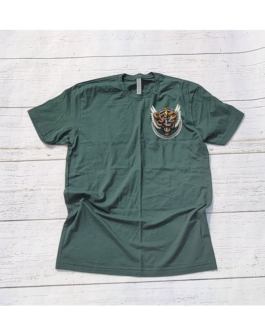 Retirement  Badge T-Shirt W/ Snake Emblem in front Green